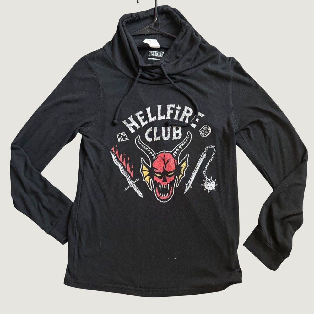Netflix Stranger Things Hoodie Size M Hellfire Club Graphic Hooded Shirt Black